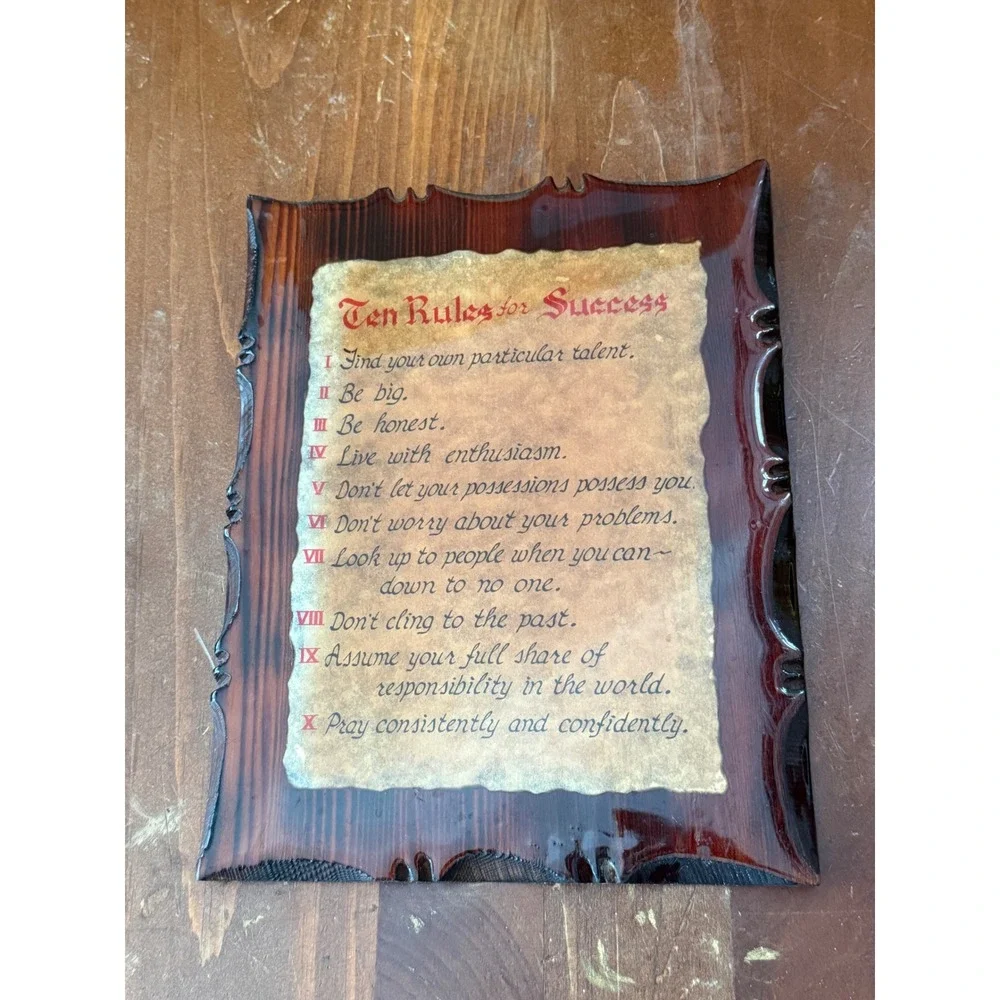 Vintage 1977 Ten Rules for Success Wood Plaque Decoupage Wall Art 9x7